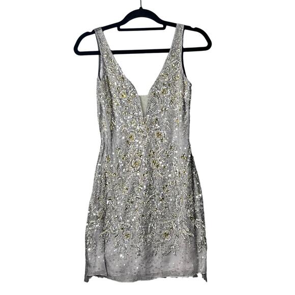 Basix Black Label Dress Women 0 Silver Sleeveless V Neck Sequin Prom Formal READ - Picture 1 of 12